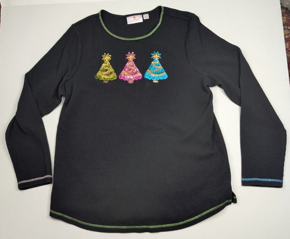 Quacker Factory Christmas Trees Glitter Embellished Waffle Long Slv Top Blk Sz L